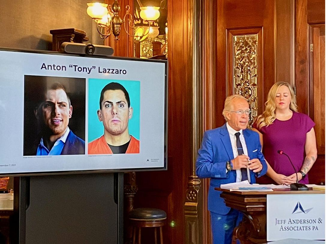 Attorney Jeff Anderson at a press conference with photos of Tony Lazzaro on screen