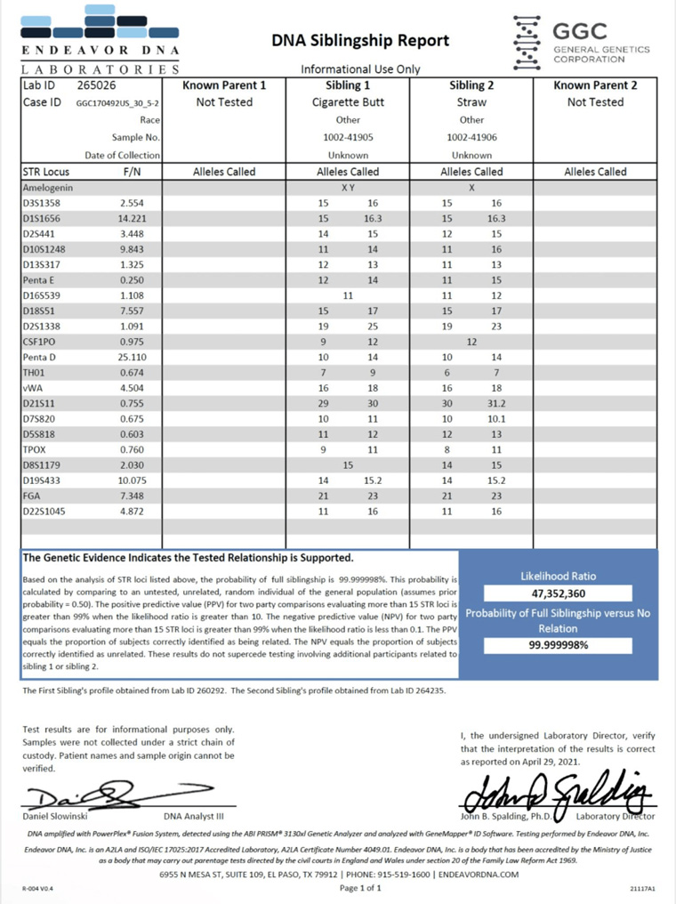 DNA laboratory siblingship report