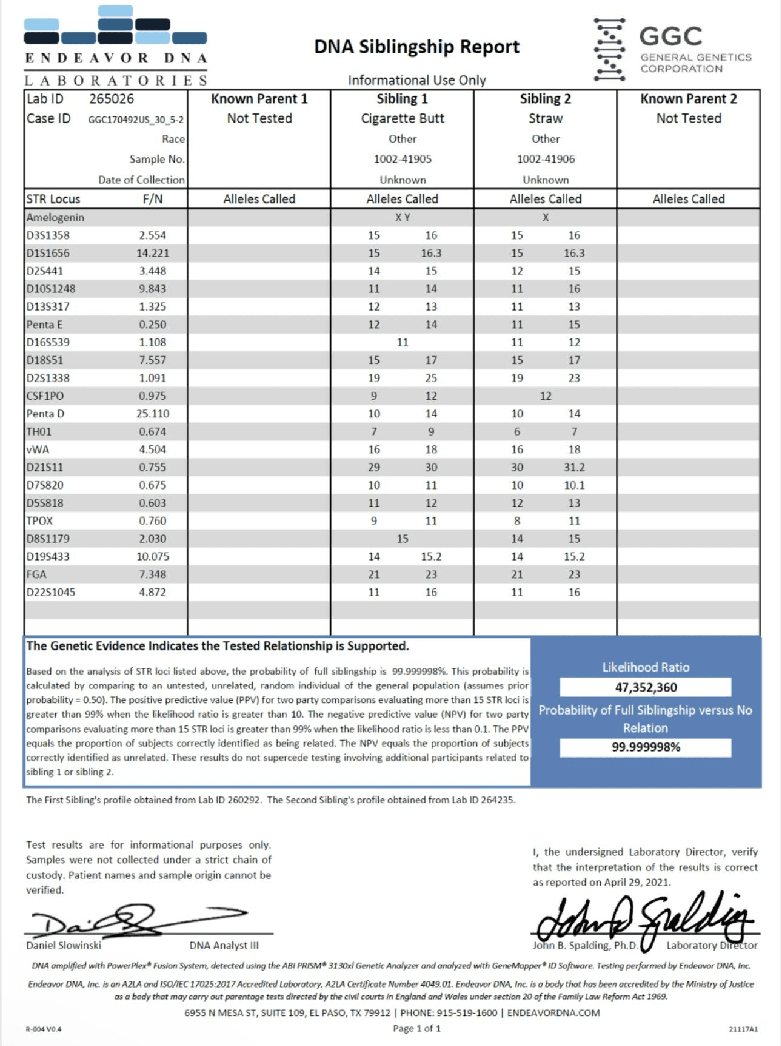 DNA siblingship report showing a 99.99 percent match